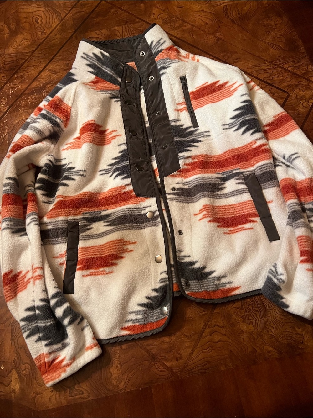 Kids Fleece Jacket in Cream with Orange & Gray Aztec Print
